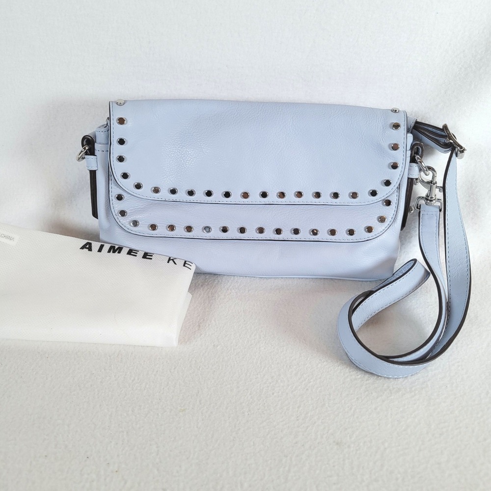 Aimee Kestenberg Womens Bowery Studded Flap Leather Crossbody Bag Blue Biker